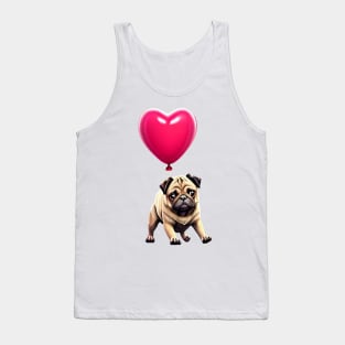 Cute Pug on Valentine's Balloon - Adorable Pug Hanging on Heart Balloon Tank Top